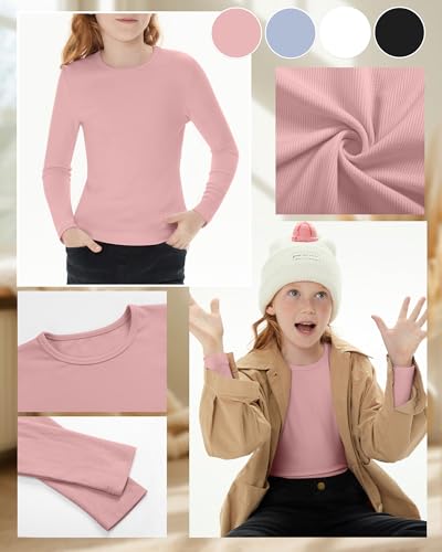 Image of 4 Pack Girls Long Sleeve Shirts Ribbed Knit Cotton Crewneck Tops Slim Fit Soft Casual Kids Base Layer Undershirts