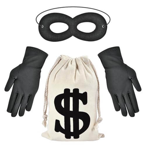Photo de Masque de Bandit,3 Pièces Masques de Mascarade,Ensemble de Costume de Voleur,Masque,Gants et Sac à Monnaie Accessoire de Cambrioleur de Cosplay pour Carnaval Cosplay Cambrioleur Soirée à Thème (A)