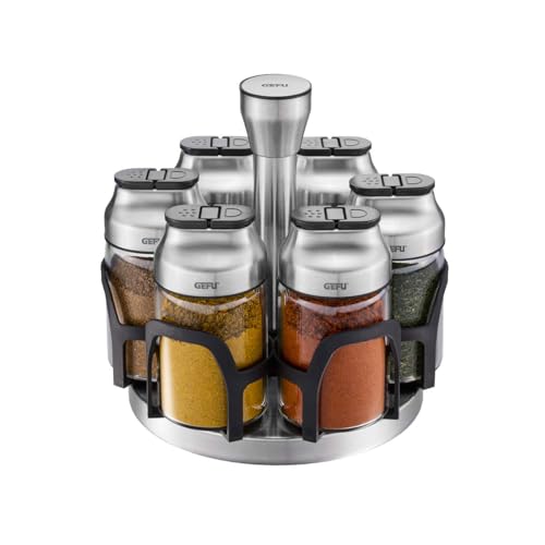 GEFU KIPPO - Carrusel para especias (7 piezas, vidrio de borosilicato y acero inoxidable, giratorio con 6 esparcidores + tapa), protección del aroma para hierbas y especias