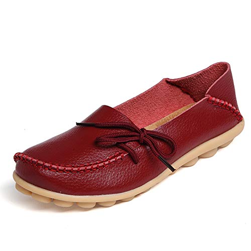 SHIBEVER Women's Leather Loafers Moccasins Wild Driving Casual Flats Oxfords Breathable Shoes Burgundy