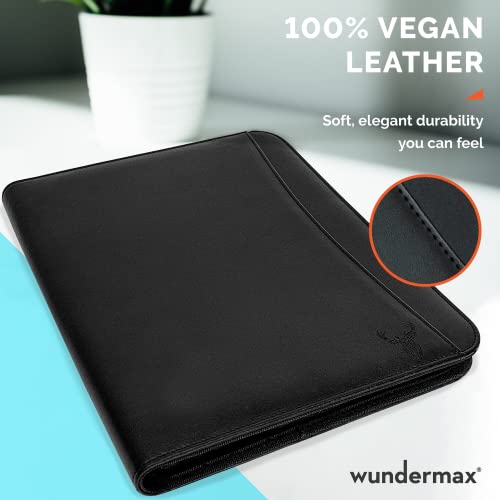 Wundermax Portfolio Binder - 13 X 10.5 X 1.8 Inch, Vegan Leather, 3-Ring Padfolio For Women And Men W/Zipper, Detachable Binder, Notepad And Pockets For Tablet, Resume And Documents - Black #TOP5