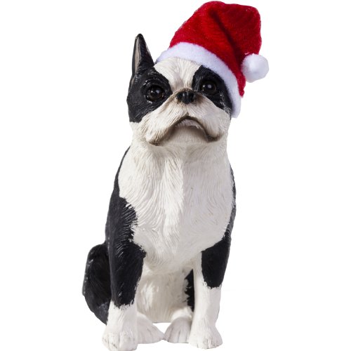 Sandicast Boston Terrier with Santa Hat Christmas Ornament,White/ Black/ Red