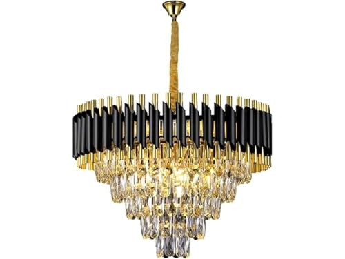 Image of Modern 5-Tiers Crystal Pendant Light Black Gold Round Ceiling Light Fixture (Antique, 600mm), 3 Colors Led Plate Included Warm White, Natural Light, Chandelier Light (L-60*B-60*H-75 Cm) B