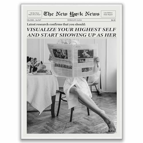Trendy Highest Self Newspapers Poster - Retro Bar Cart Feminist Wall Art - Magazine Cover Aesthetic Manifestation Art - Affirmations Prints Girly Dorm Decor - Boss Woman Poster 12x16in Unframed