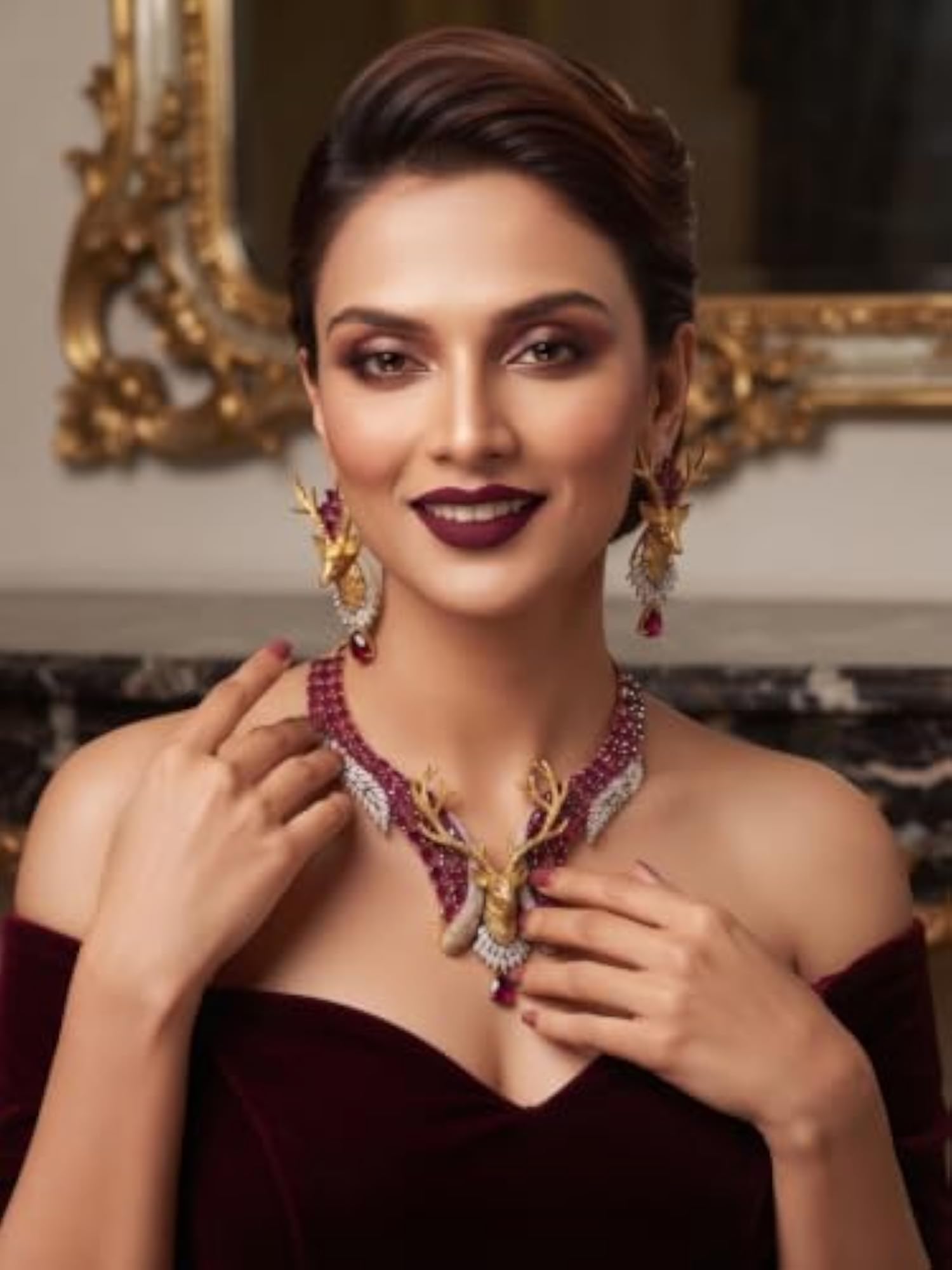 Women's Gold Plated Luxury Ruby CZ Necklace Set with Earrings