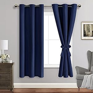 JIUZHEN Blackout Curtains with Tiebacks – Thermal Insulated, Light Blocking and Noise Reducing Grommet Curtain Drapes for Bedroom and Living Room, Set of 2 Panels, 42 x 63 Inch Length, Navy Blue