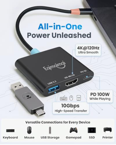 Image of USB c to hdmi Adapter with HDMI 2.1,8K@60 /4K120Hz, 3in1 Portable Travel TV Dock with USB3.2 and PD 100w Charger Compatible for Steam,MacBook,Laptops,IPAD,Mobile Phone.