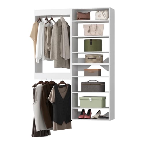 Modular-Closet-System-46-Wide-Organizer-With-Towers-and-Hanging-Wood-Tower-Storage-for-Walk-In-Closets-Wall-Mounted-Wardrobe-Kit-Bedroom-White Modular Closet System, 46" Wide Organizer With Towers and Hanging, Wood Tower Storage for Walk In Closets, Wall Mounted Wardrobe Kit, Bedroom, White - Image 1