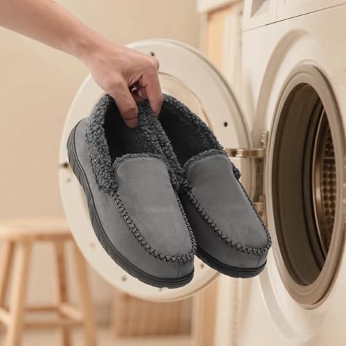 Image of Men's Moccasin House Slippers Memory Foam Suede Plush Indoor Bedroom Shoes | Fuzzy Non-Slip Warm Winter Comfy Cowboy Slippers for Indoor Outdoor Home Dad Husband Grandpa Gifts Black Brown Grey