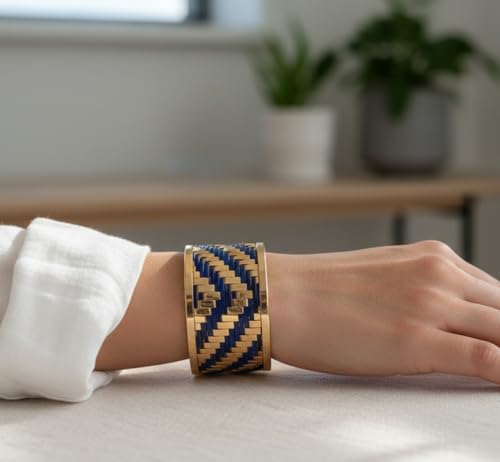 Image of Touchstone Indian Bollywood Desire Brass Base Exotic Workmanship Free Size Cuff Bracelet in Antique Gold Or White Or Copper Tone for Women.