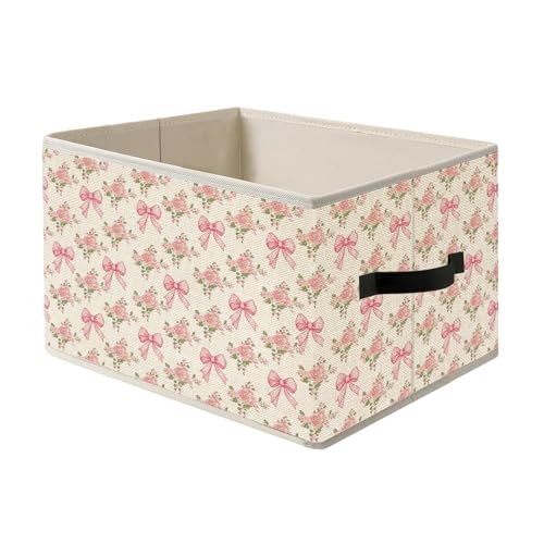 FITIE Coquette Pink Bow Rose Floral Storage Bin Box with Handles, Vintage Shabby Chic Cottagecore Pink Flower Foldable Organizer Basket Toybox for Girls Bedroom Bathroom Clothes Toys Books