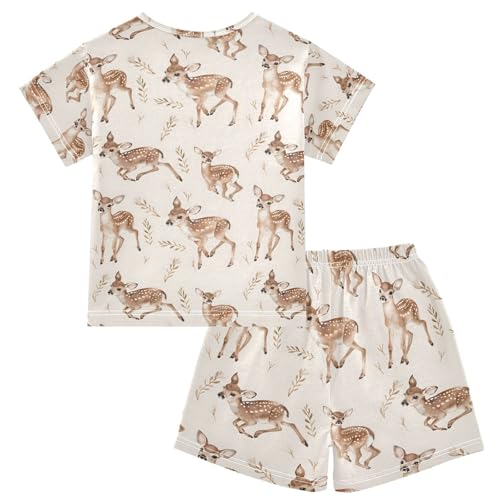 ALAZA Deer Leaf Retro Pajamas Short Sleeve 2 Piece Sleepwear Top and Bottom Pajama Set Unisex2