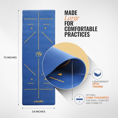 Image of WiseLife TRU Alignment Yoga Mat + Sleek Yoga Strap for Men and Women (ProBalance TPE Material 6mm Extra Thick Extra Long Extra Wide) (Midnight Blue)