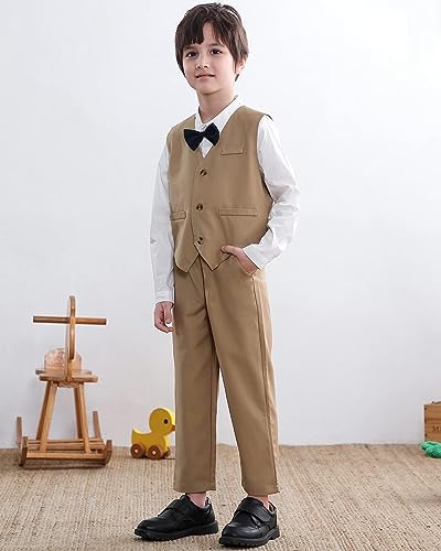 Sangtree Kids Boys' Tuxedo Outfit Clothes, 3 Pieces Button-Down Dress Shirt With Bow Tie + Vest + Pants Set Gentleman Clothing Boby, 1# Khaki, 18-24 Months = Tag 90 #TOP3