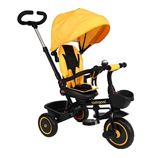 Lamgool Toddler Tricycles 4 in 1 Stroll Trike with Push Handle Removable Canopy Detachable Guardrail Retractable Foot Plate Safety Harness Storage Stroller Kids Tricycle for 12Months to 5 Years Yellow