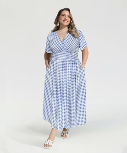 Image of CARCOS Plus Size Dresses for Curvy Women V Neck Summer Maxi Dress Short Sleeve Floral Boho Dress Smocked Waist Beach Dress