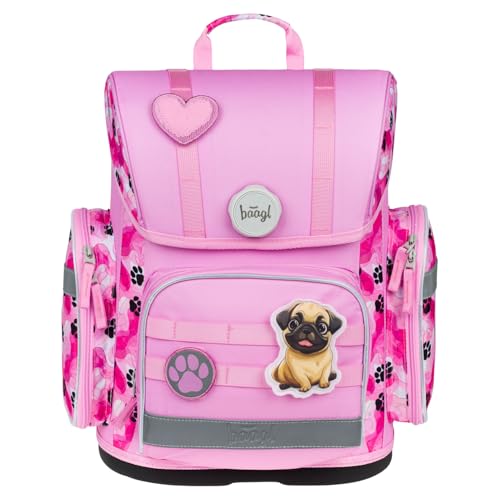 Baagl Schulranzen Jungen Mädchen Set 3 Teilig, Ergo Schultasche für 1. Klasse, Ergonomische Grundschule Ranzen Tornister mit Brustgurt (Pfötchen)