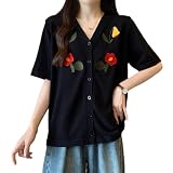 [MaadeaNoeTe] サマーニット レディース カーディガン 半袖 Vネック トップス リブニット Tシャツ 薄手 おしゃれ 可愛い 夏セーター カットソー 着痩せ 柔らかい ゆったり 花柄 刺繍 無地 シンプル 春 夏 秋 通勤