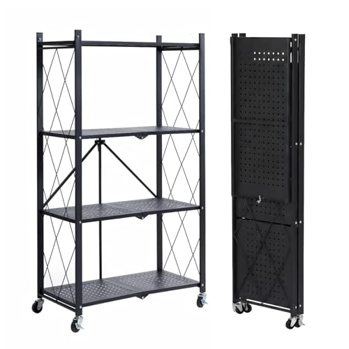 Image of COKIHOM 4 Tier Foldable Storage Shelf, Large Capacity Metal Shelf Rack, Rolling Bookshelf with Wheels, Wire Shelf Organizer for Kitchen, Pantry, Office, Garage, Basement, Black
