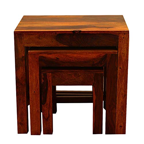 Image of Sheesham Wood Nesting Table Stools for Living Room (Natural Teak Finish) - Set of 3