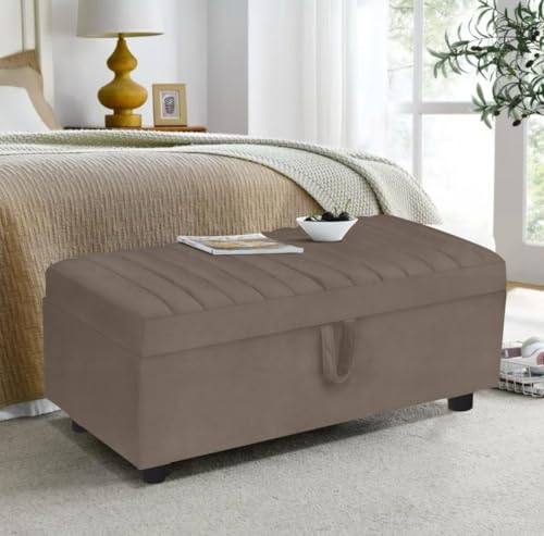 Image of 2 Seater Storage Ottoman Bench | Upholstered Fabric Sofa Bench with Hidden Storage | Bedroom Living Room Entryway Seating | Multipurpose Lounge Footrest Seat with Lid | Modern Furniture Brown