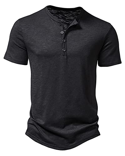Camiseta casual para hombre con cuello mao Henley, camiseta elegante con medios botones, ajuste ceñido, polo sin cuello, camisetas tops, Negro, S