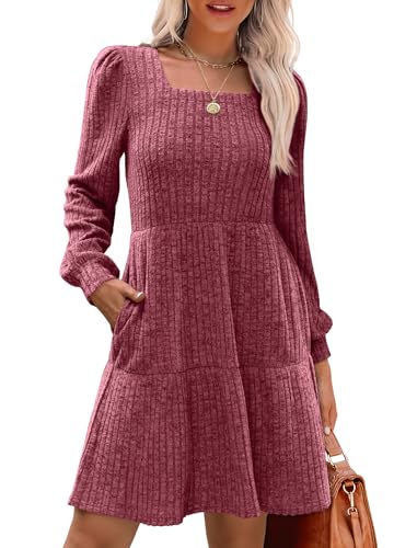 Image of Sampeel Womens Square Neck Long Sleeve Fall Dresses Casual Babydoll Sweater Dress