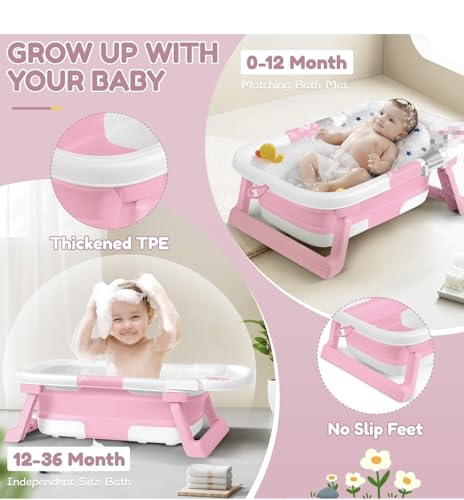 Image of Premium Foldable & Collapsible Baby Bathtub,Bath Tub with Soft Cushion, Bathtub for Newborn to Toddler 0-36 Months,Portable Travel Baby Tub with No-Slip Feet,Baby Shower Gifts Pink (Baby Bath Pink)