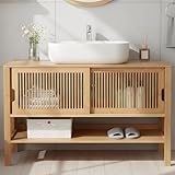 MinteLiv Waschbeckenunterschrank 100cm breit – Badezimmerschrank Bambus mit Schiebetüren, Waschtischunterschrank Natur mit offenem Fach, Badunterschrank 100x45x60cm