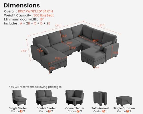 Image of CHIC HOUSE Modular Corner Sectional Sofa with Storage Ottoman, Corduroy L-Shaped Couch, Compact Small Space Furniture for Living Room & Apartment, (Dark Grey, 8 Seater L-Shaped)