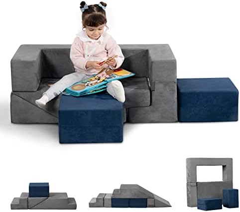 MOOZHEALTH Modular Kids Couch,Toddlers Convertible Play Couch Sofa and Imaginative Furniture Foldable Floor Cushion with 2 Ottomans Play Set for Creative Boys & Girls for Playroom Bedroom