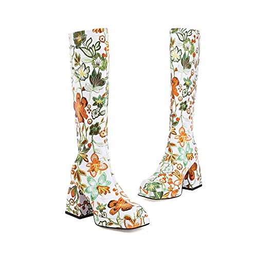 Women's Platform Knee High Boots Chunky High Heeled Boots Colorful Flower Square Toe Fashion Boots Party Dress Shoes3