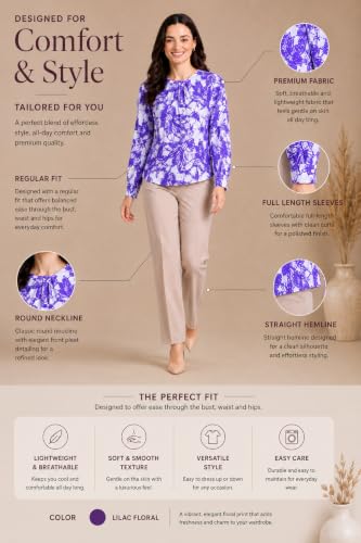 Image of Mirana Women's Full Sleeve Solid Top | Round Neck Pleated Front Regular Fit Office Casual Blouse with Button Cuffs