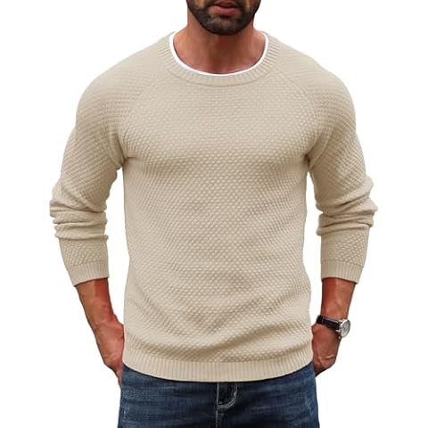 URRU Mens Long Sleeve Sweater Casual Textured Knitted Pullover Sweater Solid Soft Honeycomb Sweaters Khaki M Cover