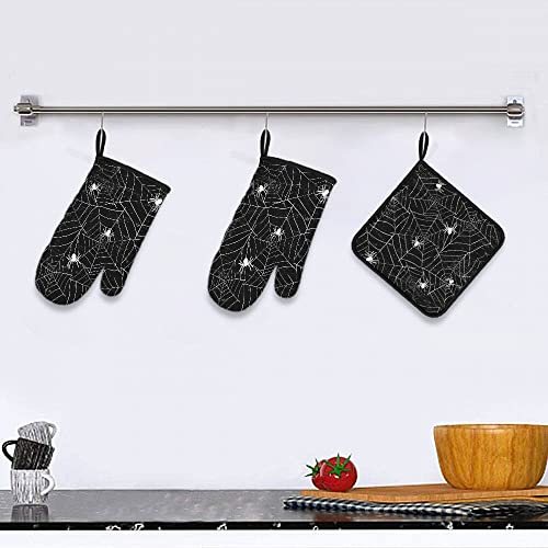 Mxocom Spiderwebs Oven Mitts And Pot Holders Sets Of 3 Halloween Black And White Grunge Background Bbq Gloves For Kitchen,Cooking,Baking,Grilling Resistant Hot Pads For Women #TOP5