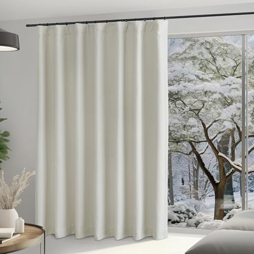 NICETOWN Room Darkening 108 inch Curtains for Sliding Glass Door, Rod Pocket/Back Tab/Hook Belt Faux Linen Noise Dampening Room Divider Window Drape for Bedroom, Natural, W100 x L108, 1 Panel