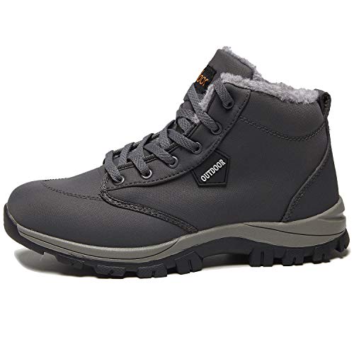Men's Women's Winter Resistant Anti-Slip Warm Fur Winter Boots Lace-up Shoes for Outdoor Indoor Waterproof Hiking Snow Boots Warm Ankle Boot Non-Slip Winter Shoes Outdoor On Booties (10, Gray/High Top)