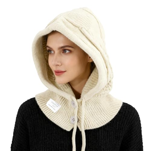 AYPOW Mujer Invierno Gorro de Punto y Bufanda con Capucha,2 en 1 Térmicos Prueba de Viento Ajustable Pasamontañas,Moda Ocio Pullover Calentador de Cuello para Deportes al Aire Libre Diario Correr