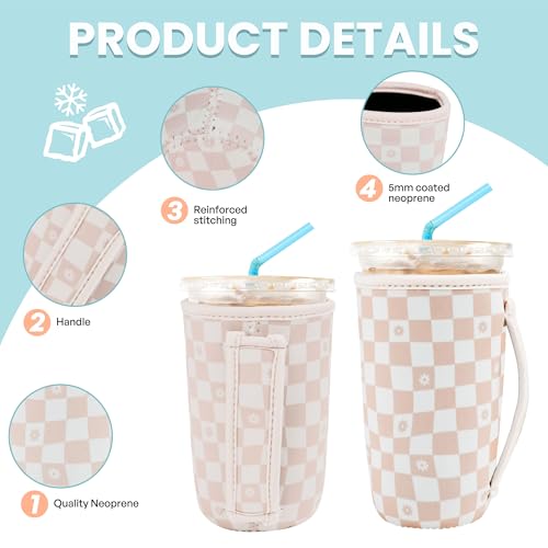 Image of KJQJLY 3 Pack Reusable Iced Coffee Sleeves for Iced Coffee Cups or Drinks Reusable Neoprene Insulated Sleeves for Hot and Cold Drinks from Starbucks, Dunkin, And More (Floral Checkers)