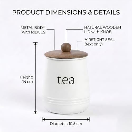 Image of Stylish Airtight Container for Kitchen, Tea Storage White, Metal with Wooden Lid & Spoon, 1000ml, Canister for Kitchen Counter top | Food-Safe Jar Set (Tea)