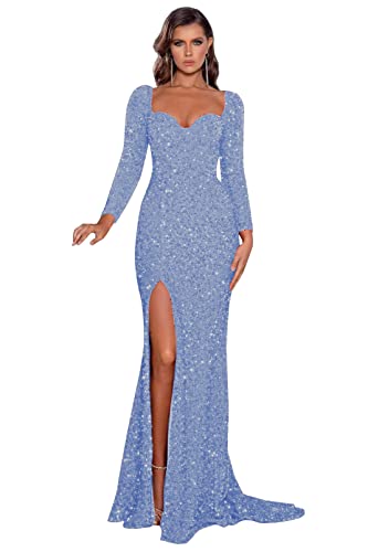Mermaid Sequin Prom Dress with Slit Long Sleeves Ball Gown for Women Formal Gowns and Evening Dresses