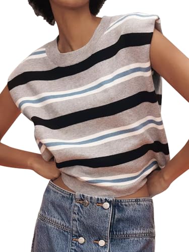 Image of Moreone Womens Sweater Vest Cap Sleeve Crew Neck Sleeveless Casual Ribbed Knit Cropped Pullover Tank Tops