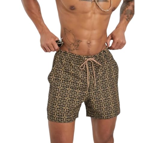 Men's Beach Shorts, Geometric Print with Pockets, Drawstring Design