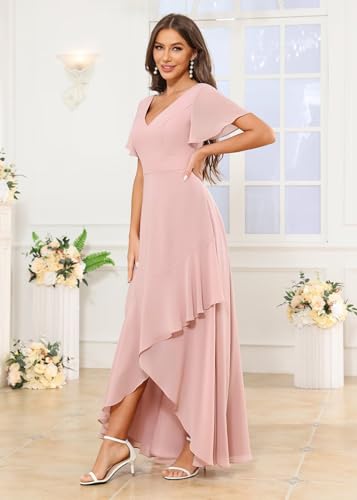 MAGGCIF Women's V Neck Bridesmaid Dresses Long with Sleeves Ruched Chiffon Formal Evening Gowns4