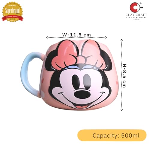 Image of Clay Craft Minnie Mouse Ceramic Milk Mug, Pink, Glossy Finish, Microwave Safe, 500 ml, Round, Modern Style