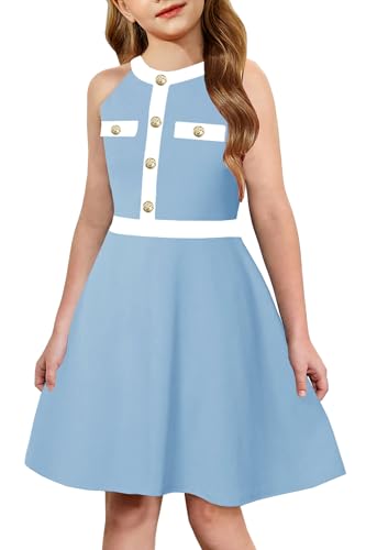 HOSIKA Girls Summer Halter Neck Sleeveless Elegant Button Front Casual A-line Flared Dress for 6-12 Years