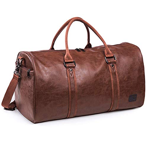 Leather Travel Bag with Shoe Pouch， Waterproof Weekender Overnight Bag, Large Carry On Duffel Bag for Men Women-Brown