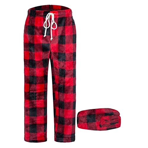 Cromoncent Men's Plaid Plush Warm Pajama Pants, Winter Cozy Fleece Lounge Sleepwear Pj Bottoms
