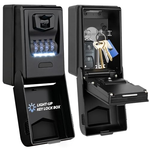 ENONEO Sleutelslotbox Wandmontage met oplichtende wijzerplaat, grote sleutelopbergdoos, 4-cijferige combinatie, waterdicht, grote sleutelkluis, hoge veiligheidsvergrendeling, voor thuiskantoor, garage