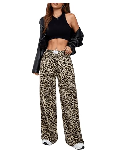 Milumia Women's Leopard Print Elastic Waisted Wide Leg Long Pants Trousers4